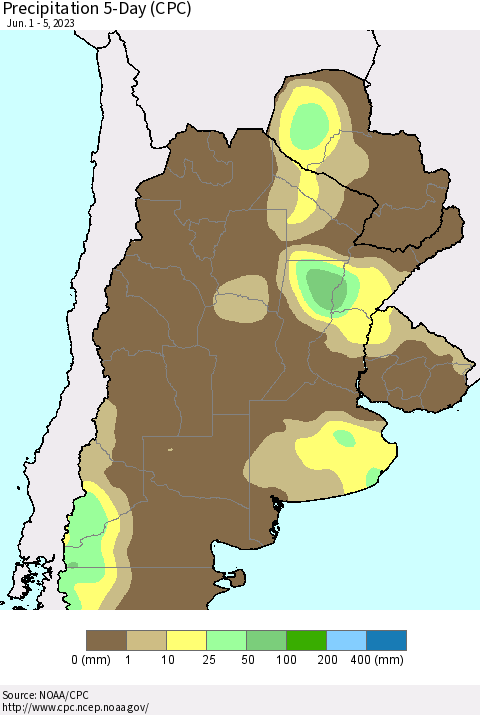 Southern South America Precipitation 5-Day (CPC) Thematic Map For 6/1/2023 - 6/5/2023