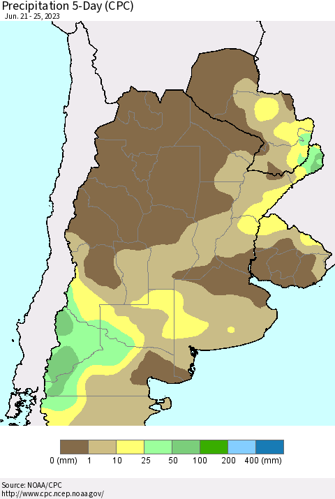 Southern South America Precipitation 5-Day (CPC) Thematic Map For 6/21/2023 - 6/25/2023