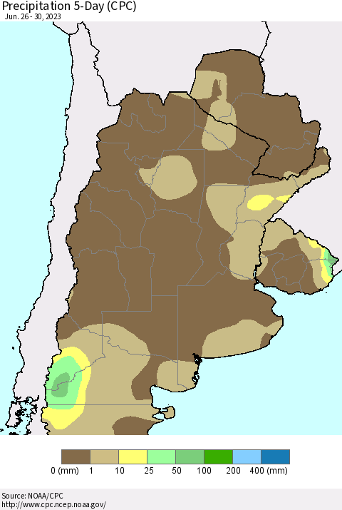 Southern South America Precipitation 5-Day (CPC) Thematic Map For 6/26/2023 - 6/30/2023