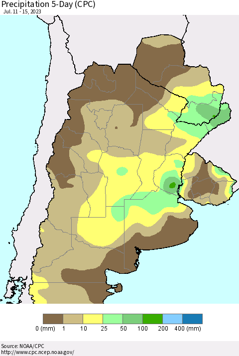 Southern South America Precipitation 5-Day (CPC) Thematic Map For 7/11/2023 - 7/15/2023