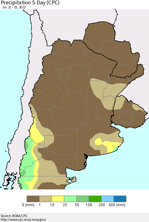 Southern South America Precipitation 5-Day (CPC) Thematic Map For 7/21/2023 - 7/25/2023
