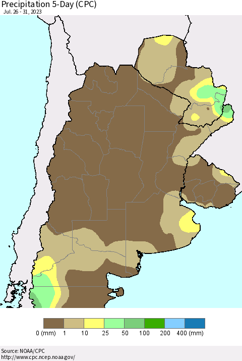 Southern South America Precipitation 5-Day (CPC) Thematic Map For 7/26/2023 - 7/31/2023