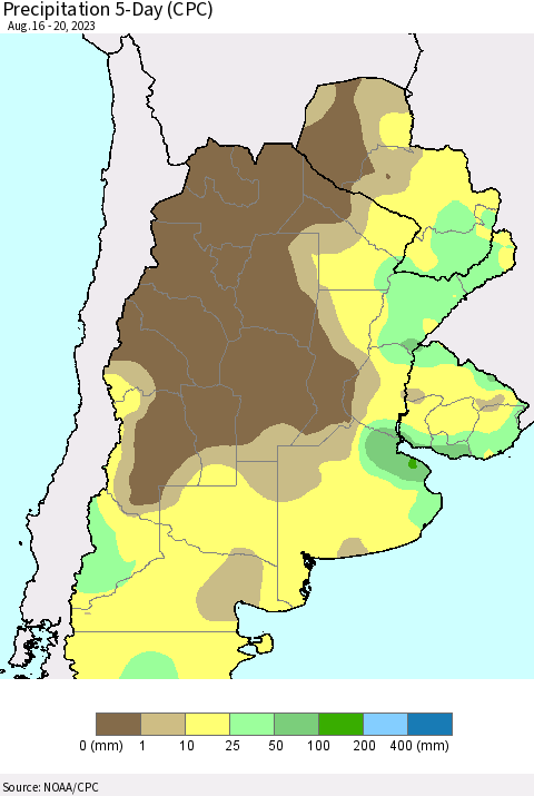 Southern South America Precipitation 5-Day (CPC) Thematic Map For 8/16/2023 - 8/20/2023