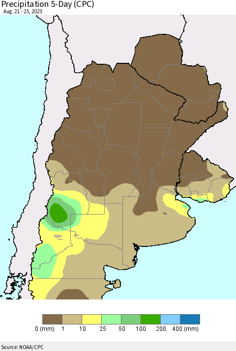 Southern South America Precipitation 5-Day (CPC) Thematic Map For 8/21/2023 - 8/25/2023
