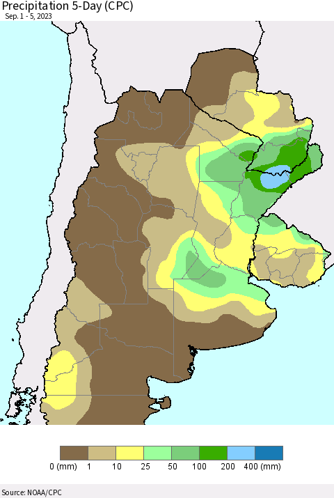 Southern South America Precipitation 5-Day (CPC) Thematic Map For 9/1/2023 - 9/5/2023