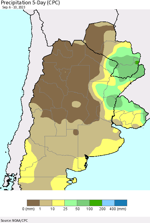 Southern South America Precipitation 5-Day (CPC) Thematic Map For 9/6/2023 - 9/10/2023