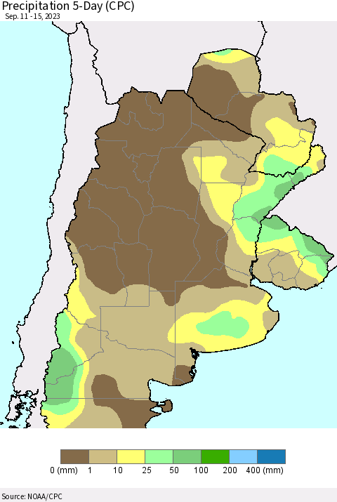 Southern South America Precipitation 5-Day (CPC) Thematic Map For 9/11/2023 - 9/15/2023