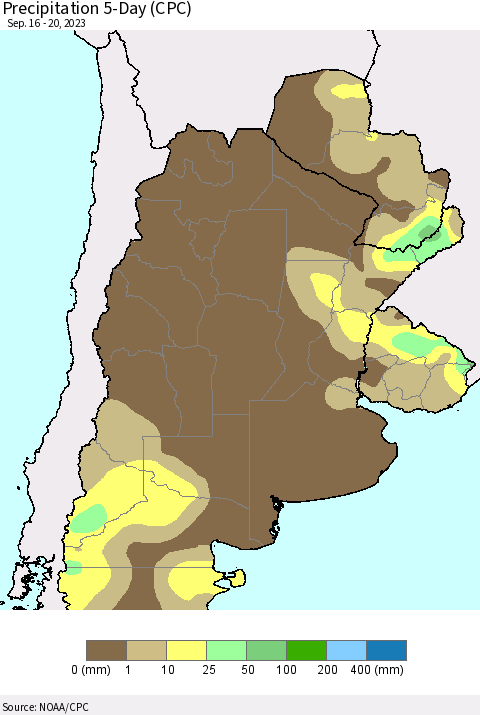 Southern South America Precipitation 5-Day (CPC) Thematic Map For 9/16/2023 - 9/20/2023