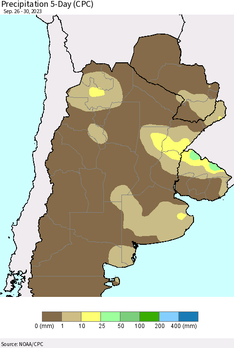 Southern South America Precipitation 5-Day (CPC) Thematic Map For 9/26/2023 - 9/30/2023