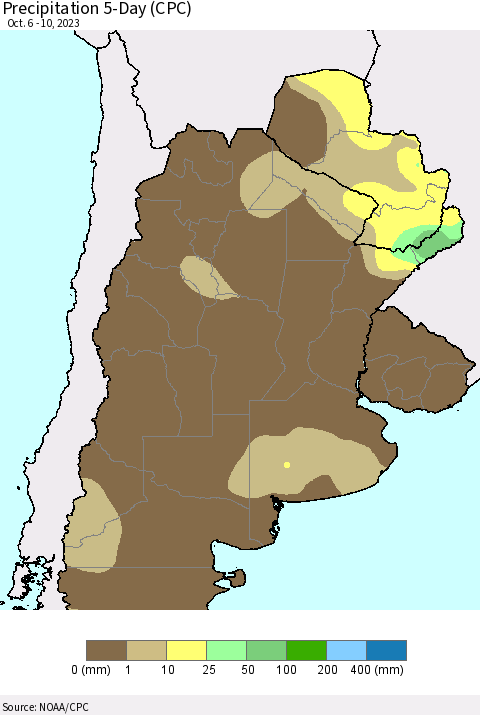 Southern South America Precipitation 5-Day (CPC) Thematic Map For 10/6/2023 - 10/10/2023
