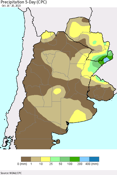 Southern South America Precipitation 5-Day (CPC) Thematic Map For 10/16/2023 - 10/20/2023