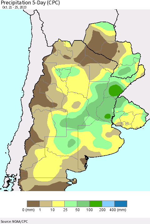 Southern South America Precipitation 5-Day (CPC) Thematic Map For 10/21/2023 - 10/25/2023