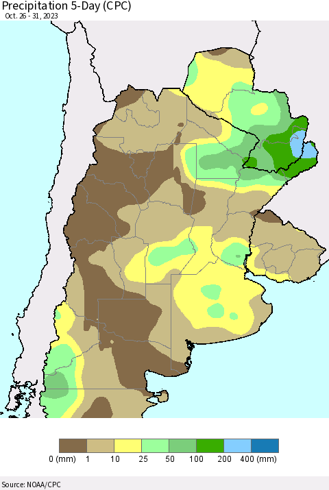 Southern South America Precipitation 5-Day (CPC) Thematic Map For 10/26/2023 - 10/31/2023