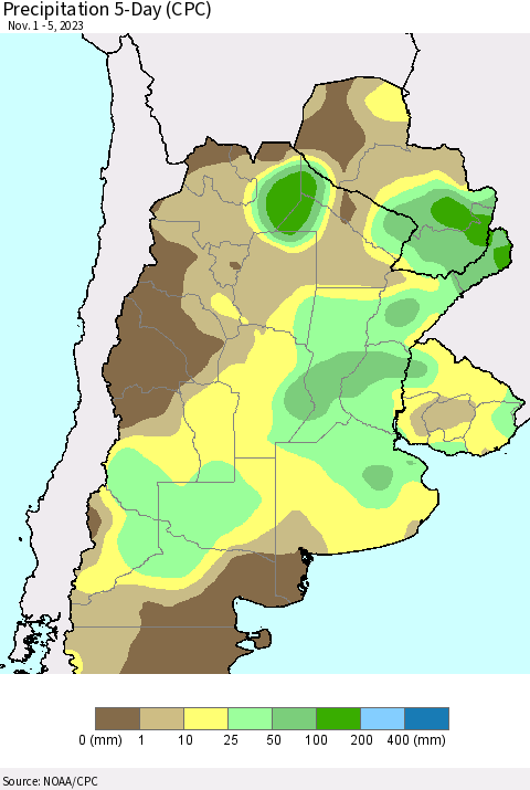 Southern South America Precipitation 5-Day (CPC) Thematic Map For 11/1/2023 - 11/5/2023
