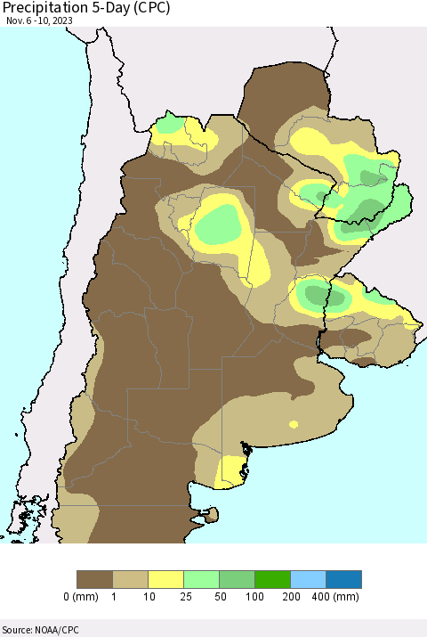 Southern South America Precipitation 5-Day (CPC) Thematic Map For 11/6/2023 - 11/10/2023