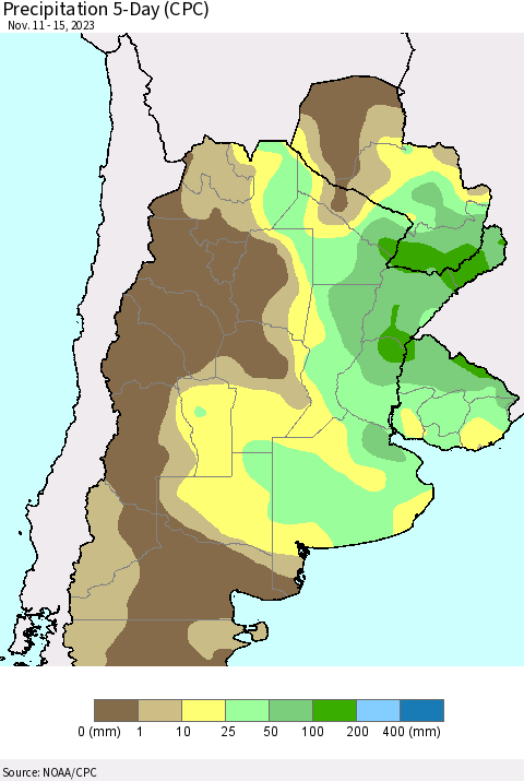 Southern South America Precipitation 5-Day (CPC) Thematic Map For 11/11/2023 - 11/15/2023