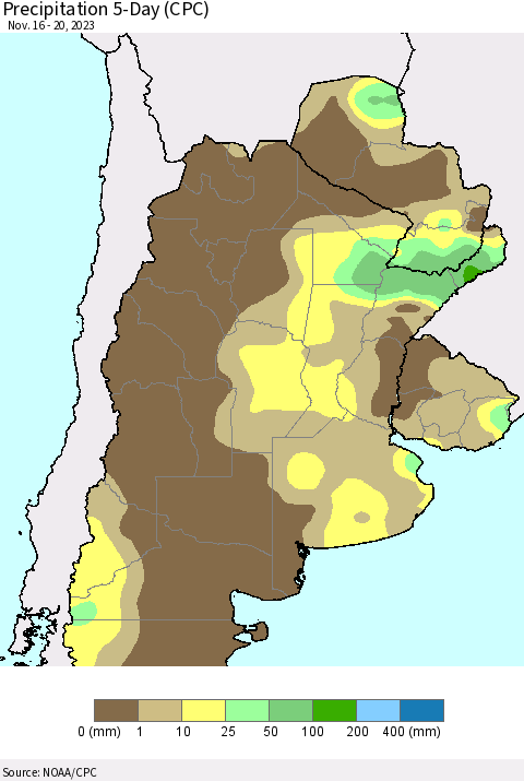 Southern South America Precipitation 5-Day (CPC) Thematic Map For 11/16/2023 - 11/20/2023