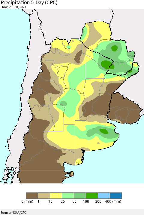 Southern South America Precipitation 5-Day (CPC) Thematic Map For 11/26/2023 - 11/30/2023