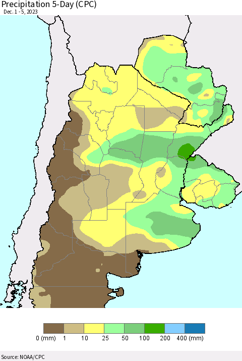 Southern South America Precipitation 5-Day (CPC) Thematic Map For 12/1/2023 - 12/5/2023