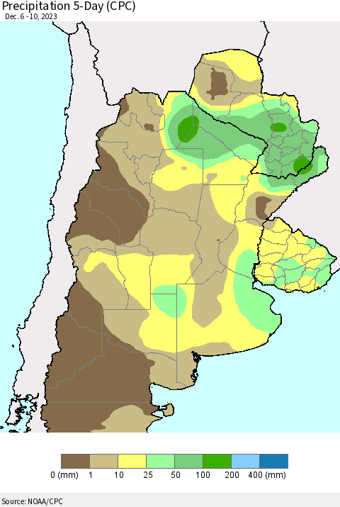 Southern South America Precipitation 5-Day (CPC) Thematic Map For 12/6/2023 - 12/10/2023