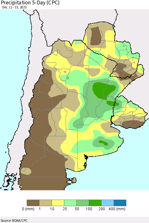 Southern South America Precipitation 5-Day (CPC) Thematic Map For 12/11/2023 - 12/15/2023