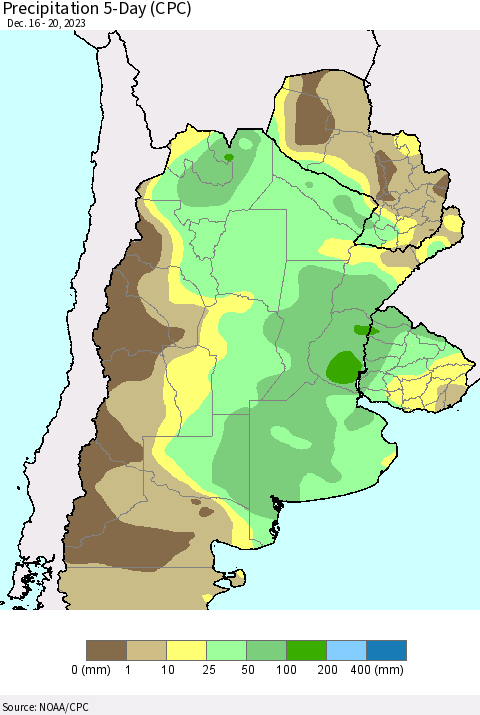 Southern South America Precipitation 5-Day (CPC) Thematic Map For 12/16/2023 - 12/20/2023