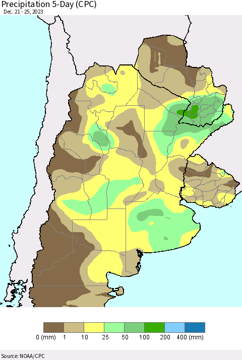 Southern South America Precipitation 5-Day (CPC) Thematic Map For 12/21/2023 - 12/25/2023