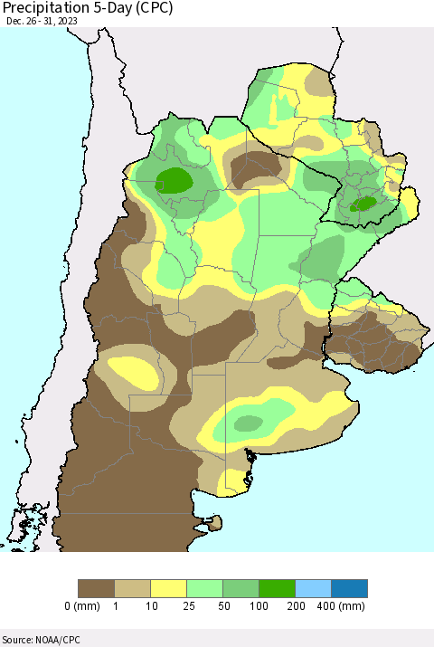 Southern South America Precipitation 5-Day (CPC) Thematic Map For 12/26/2023 - 12/31/2023