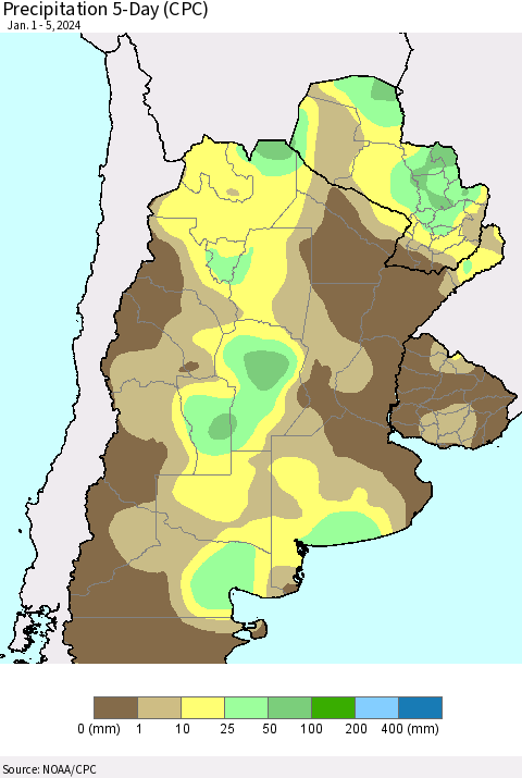 Southern South America Precipitation 5-Day (CPC) Thematic Map For 1/1/2024 - 1/5/2024