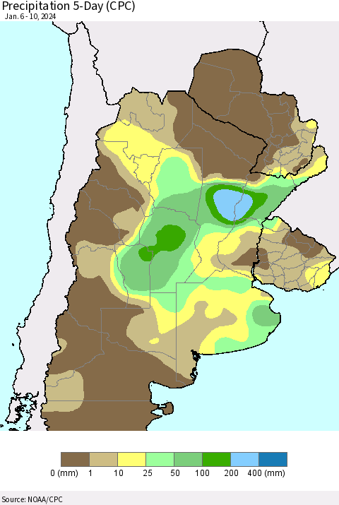 Southern South America Precipitation 5-Day (CPC) Thematic Map For 1/6/2024 - 1/10/2024