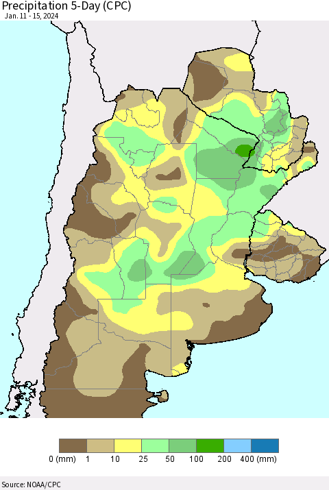 Southern South America Precipitation 5-Day (CPC) Thematic Map For 1/11/2024 - 1/15/2024