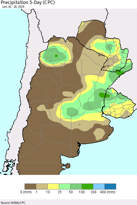 Southern South America Precipitation 5-Day (CPC) Thematic Map For 1/16/2024 - 1/20/2024