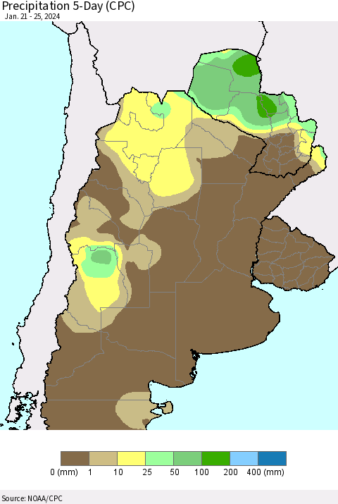 Southern South America Precipitation 5-Day (CPC) Thematic Map For 1/21/2024 - 1/25/2024