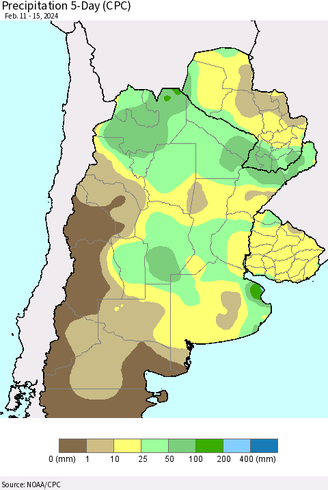 Southern South America Precipitation 5-Day (CPC) Thematic Map For 2/11/2024 - 2/15/2024