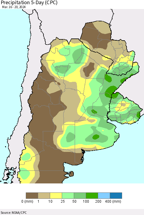 Southern South America Precipitation 5-Day (CPC) Thematic Map For 3/16/2024 - 3/20/2024