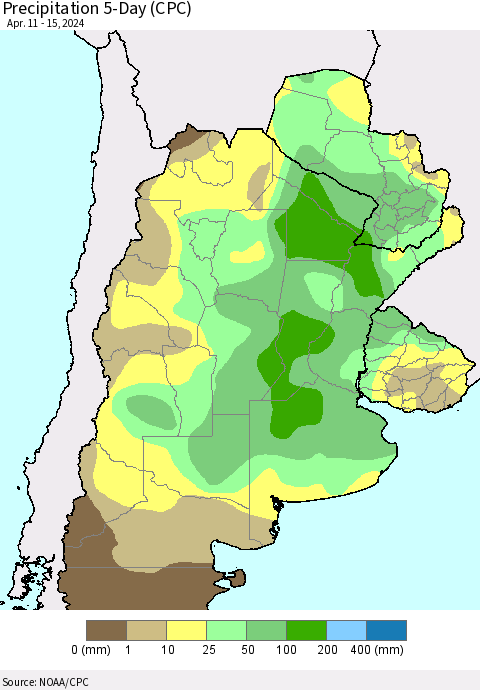 Southern South America Precipitation 5-Day (CPC) Thematic Map For 4/11/2024 - 4/15/2024