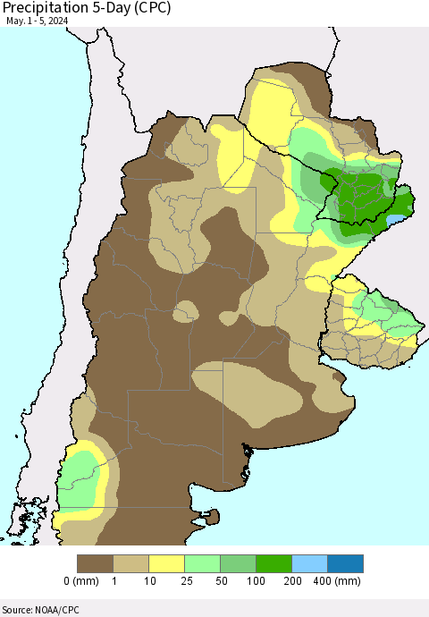 Southern South America Precipitation 5-Day (CPC) Thematic Map For 5/1/2024 - 5/5/2024