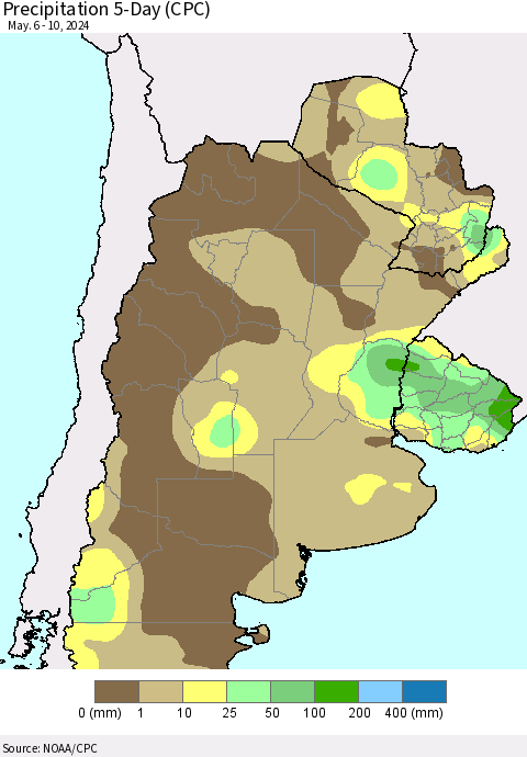 Southern South America Precipitation 5-Day (CPC) Thematic Map For 5/6/2024 - 5/10/2024
