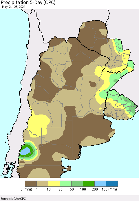 Southern South America Precipitation 5-Day (CPC) Thematic Map For 5/21/2024 - 5/25/2024