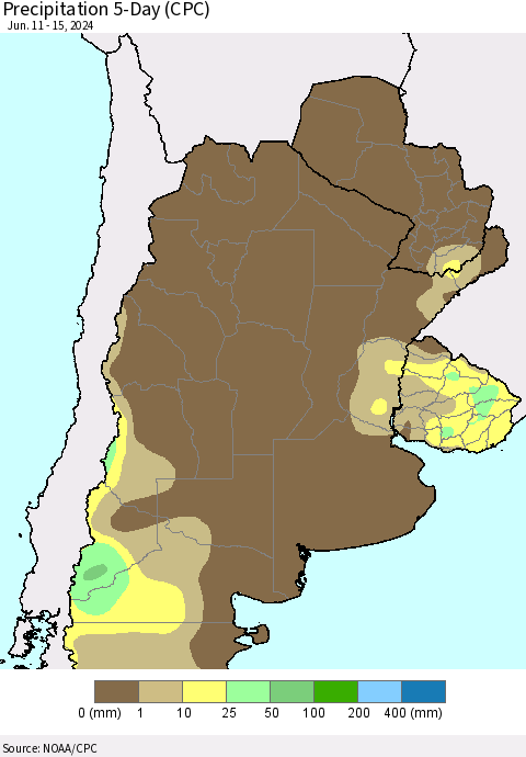 Southern South America Precipitation 5-Day (CPC) Thematic Map For 6/11/2024 - 6/15/2024