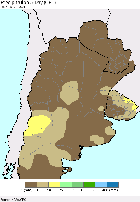 Southern South America Precipitation 5-Day (CPC) Thematic Map For 8/16/2024 - 8/20/2024