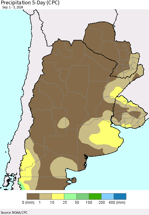 Southern South America Precipitation 5-Day (CPC) Thematic Map For 9/1/2024 - 9/5/2024