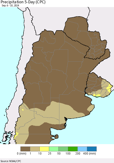 Southern South America Precipitation 5-Day (CPC) Thematic Map For 9/6/2024 - 9/10/2024