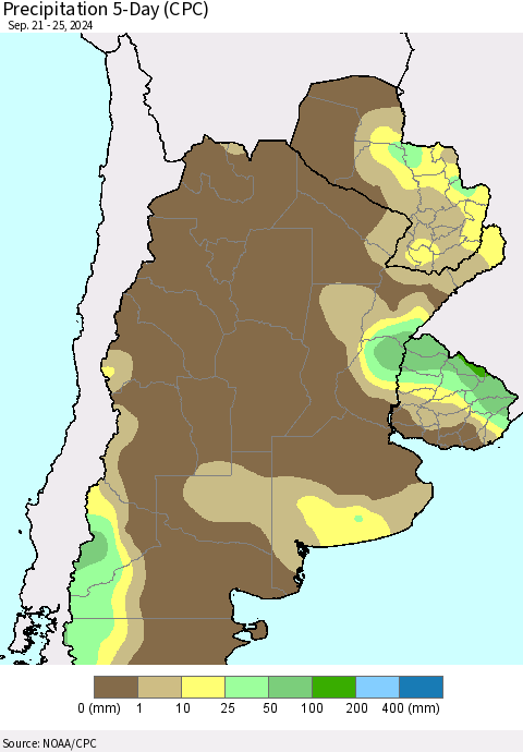 Southern South America Precipitation 5-Day (CPC) Thematic Map For 9/21/2024 - 9/25/2024