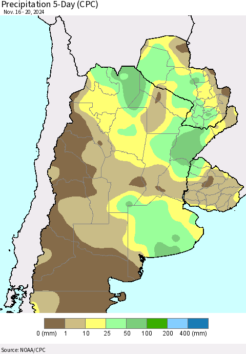 Southern South America Precipitation 5-Day (CPC) Thematic Map For 11/16/2024 - 11/20/2024