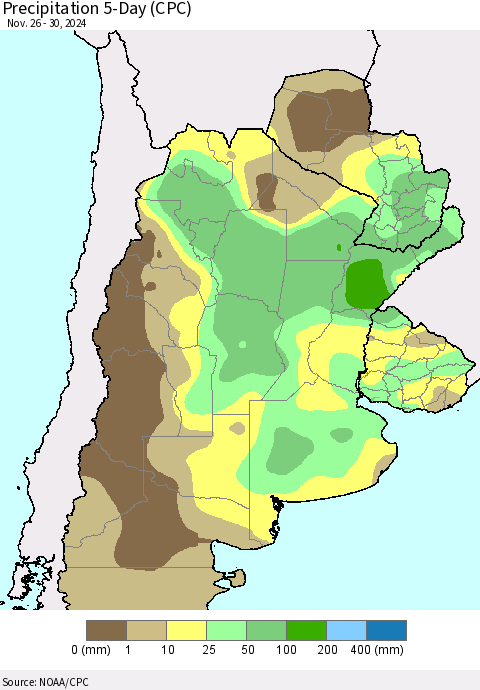 Southern South America Precipitation 5-Day (CPC) Thematic Map For 11/26/2024 - 11/30/2024