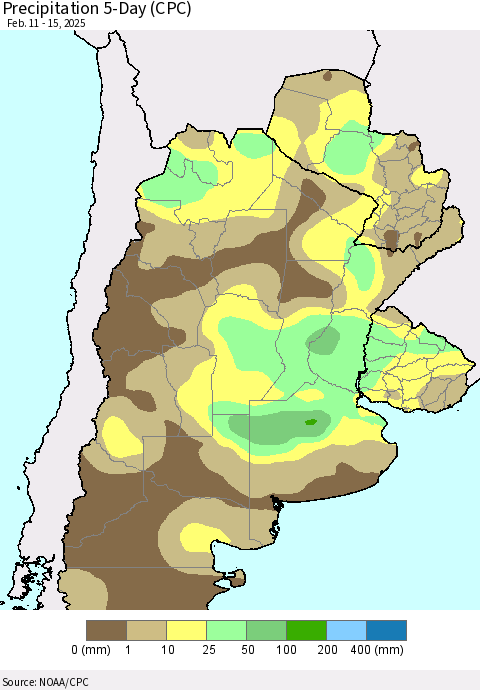 Southern South America Precipitation 5-Day (CPC) Thematic Map For 2/11/2025 - 2/15/2025