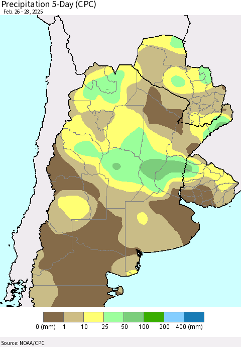 Southern South America Precipitation 5-Day (CPC) Thematic Map For 2/26/2025 - 2/28/2025