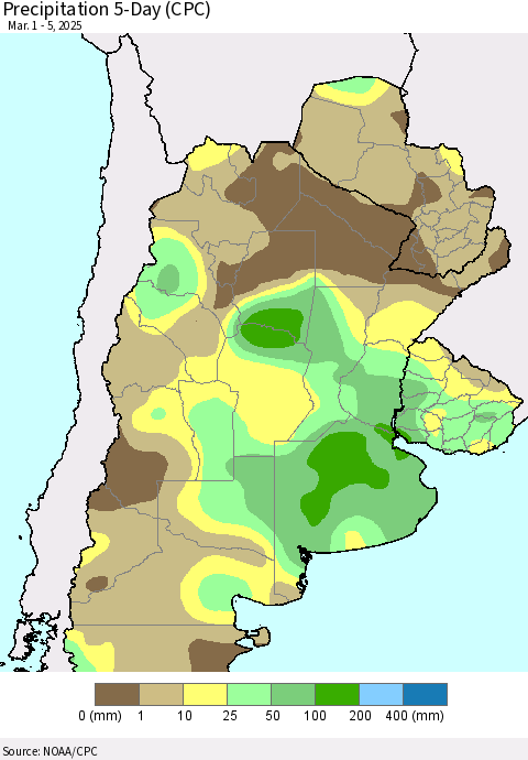 Southern South America Precipitation 5-Day (CPC) Thematic Map For 3/1/2025 - 3/5/2025