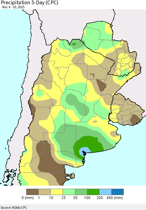 Southern South America Precipitation 5-Day (CPC) Thematic Map For 3/6/2025 - 3/10/2025